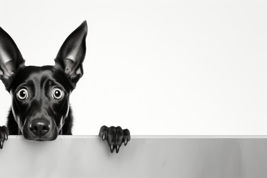 Funny black dog holding blank sign mock up with copyspace for custom text or design