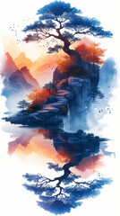 A beautiful fantasy landscape on a white background. Mountains, trees, fog. Watercolor painting. Abstract intricate splashes of paint on a white background. Generative AI.