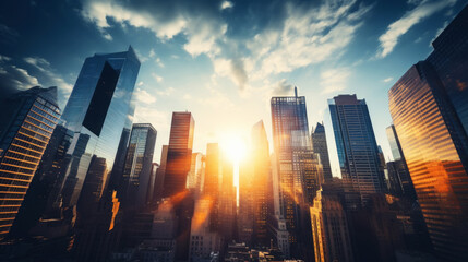 Obraz premium Skyscrapers of megacity at sunset. Business life of a big city. Bottom view. Urbanistic modern landscape. Generative AI