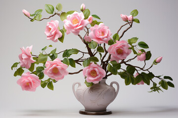 pink roses in vase with leaves, in the style of twisted branches