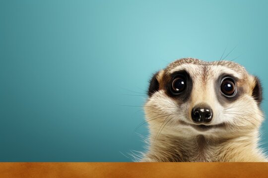Cute meerkat poses for photo on blue background with space for text and fun expression