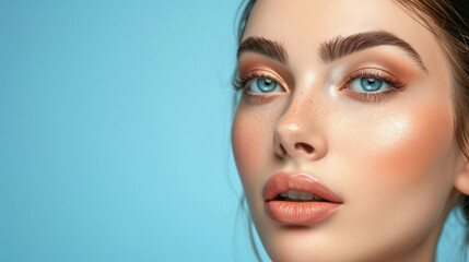 Fototapeta premium Beautiful woman face close up portrait. Perfect skin. Blue background .