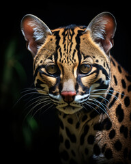 the photo depicts an ocelot's head against a black background