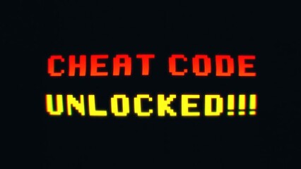 Animation of vibrant red and yellow text message saying Cheat Code Unlocked, retro 8-bit pixelated font. Intentional distortion for nostalgia, recalling classic vintage video games. - Powered by Adobe