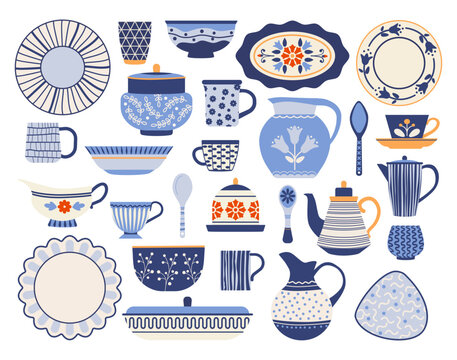 Kitchen ceramic. Dining utensil. Patterned dishes. Porcelain cup or jug. Tableware ornament. Bowl and plate. Household cooking spoon. Teapot and glass mug. Vector cartoon crockery set