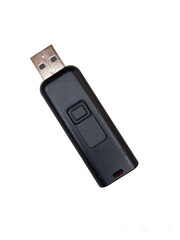 Isolated black and white USB flash drive with cable, a digital device for data storage and transfer, connected to a computer
