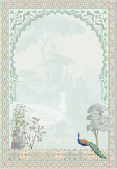 Traditional Moroccan arch with garden and peacock illustration - obrazy, fototapety, plakaty