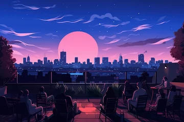 Crédence de cuisine en verre imprimé Bleu foncé City Night Skyline: A Modern Urban Landscape Illuminated by Neon Lights and a Bright Moon