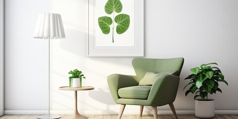Green armchair, table, lamp, leaf posters in white home.