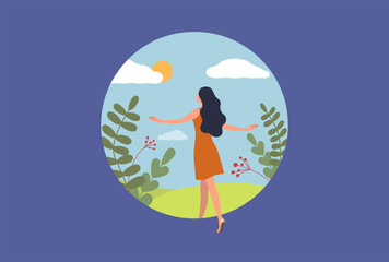 Step in future. New woman life. Door to world journey and changes. People begin path forward. Unknown way. Nature discovery. Find opportunity. Psychology concept. Vector illustration