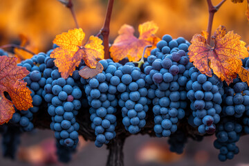 Berries of ripe blue grapes in the vineyards.