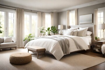 Design a calming bedroom retreat with a neutral color palette and soft, textured bedding 