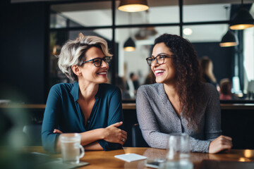 laughing woman having talks after meeting
