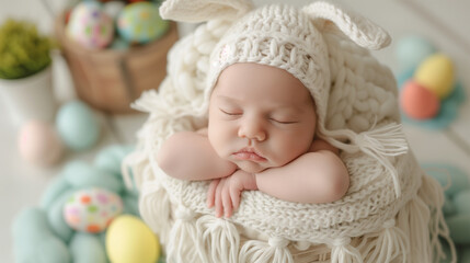 Fototapeta na wymiar A peaceful newborn baby sleeps in a bunny hat, surrounded by colorful Easter eggs. 