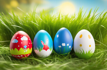 Fototapeta premium Postcard, Easter colorful eggs in the grass, illustration