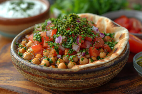 On the table is sabich with pita bread, eggplant, chickpeas, onions, tomatoes, cucumbers, yogurt and zhug sauce.