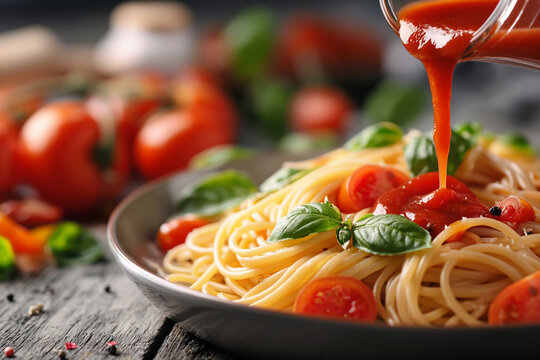Ketchup is poured onto pasta in a plate from a glass jar.