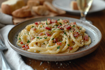 Plate of Bucatini Carbonara. Close-up