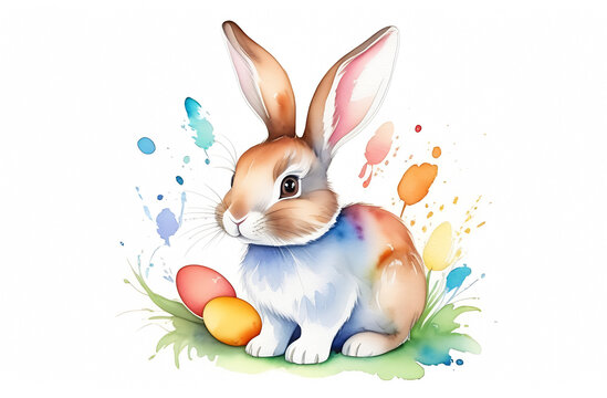 Postcard, clipart, hare in green grass with colorful eggs on a white background, illustration