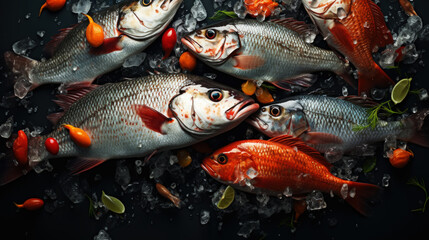 Variety of fresh raw fish with vegetables and spices. Marine restaurant menu concept. Seafood assortment. Generative AI