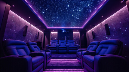 Enter a cosmic-themed home theater with fiber optic star ceiling, custom recliners, and immersive...