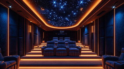 Enter a cosmic-themed home theater with fiber optic star ceiling, custom recliners, and immersive sound, creating an unparalleled cinematic experience in the comfort of your home. 
