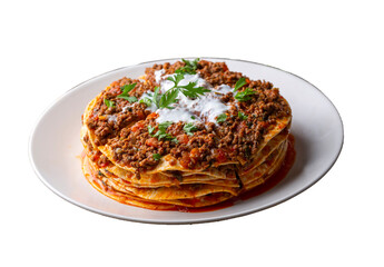 Turkish Food Kayseri Yaglama with Minced Meat, Yogurt and Tomato Paste