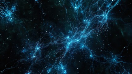 Glowing blue neurons transmitting signals in the expanse of a dark brain - obrazy, fototapety, plakaty