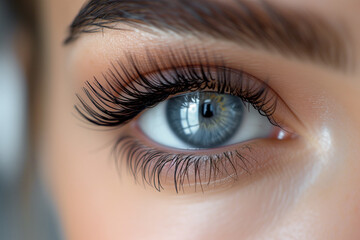 Close-Up of a Beautiful Eye with Long Eyelashes, Perfect Eyebrow, and Cosmetic Enhancement, High-Resolution Makeup Detail