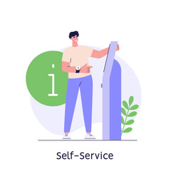 Using self-service with info. Users touch screen self service terminal. Concept of informational checkout service, info panel. People pushing on interactive information terminal. Vector illustration