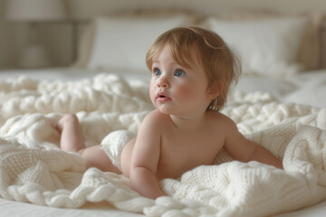Serene Toddler with Blue Eyes Contemplating on White Knit Blanket, Innocent Baby Diaper Concept, Soft Natural Light Home Setting