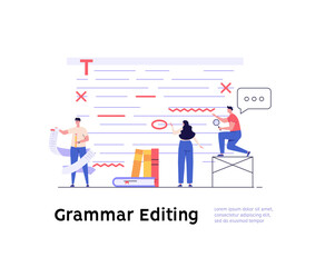 Editing document with text. Correcting grammar mistake with red marker. Teacher fix page text errors. Concept of proofread script, grammar edit, correcting mistake. Vector flat cartoon illustration