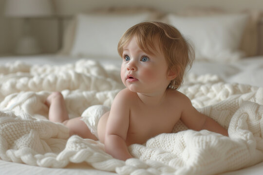 Serene Toddler with Blue Eyes Contemplating on White Knit Blanket, Innocent Baby Diaper Concept, Soft Natural Light Home Setting