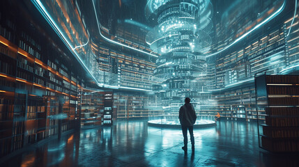 Enter a futuristic library with shelves that transform into interactive screens, floating book displays, and holographic reading chairs for an otherworldly literary experience.  - obrazy, fototapety, plakaty