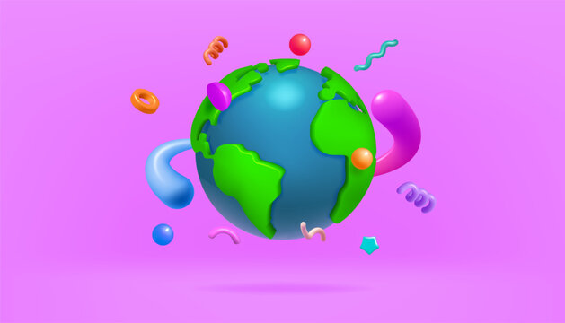3d world globe. Global earth planet map render for shop sale post, online distribution service. Flying abstract elements. Global digital communication. Vector illustration concept