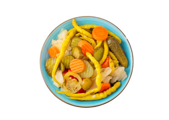 Assorted mixed pickled vegetables in bowl - plate, Turkish name; tursu.