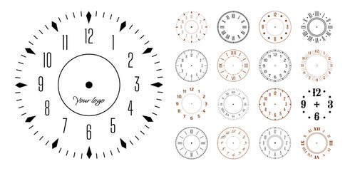 Clock face. Watch number dial template. Roman wall design. Analog circle hours or clockwise. Round retro chronometer. Seconds counter. Timepiece accuracy ticking. Vector time elements set