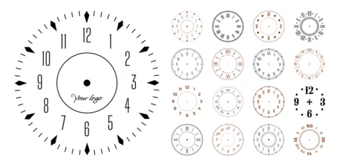 Foto op Plexiglas Clock face. Watch number dial template. Roman wall design. Analog circle hours or clockwise. Round retro chronometer. Seconds counter. Timepiece accuracy ticking. Vector time elements set © SpicyTruffel