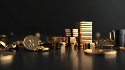 Of golden coins stack on black background with mock up place
