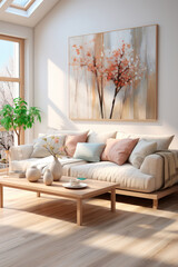 Stylish interior design of living room with modern beige sofa, wooden coffee table, plant, mock up poster frame, pillows, decoration and elegant accessories in home decor