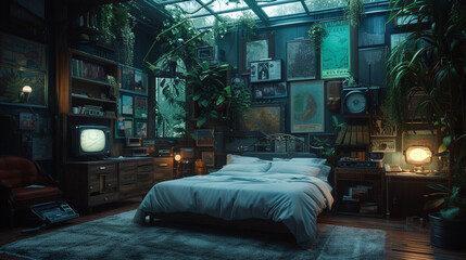 Enter a time-traveling bedroom with elements from various eras, where a Victorian bedframe, retro...