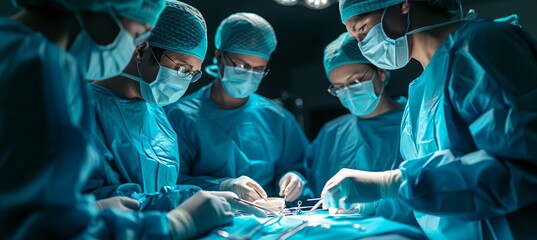 Experienced surgeon performing a delicate surgical operation in a modern hospital operating room - obrazy, fototapety, plakaty