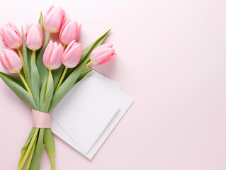 Bouquet of pink tulips and greeting card on pink background