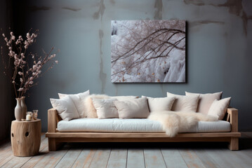 Scandinavian style sofa with pillows in the living room with a poster on the wall