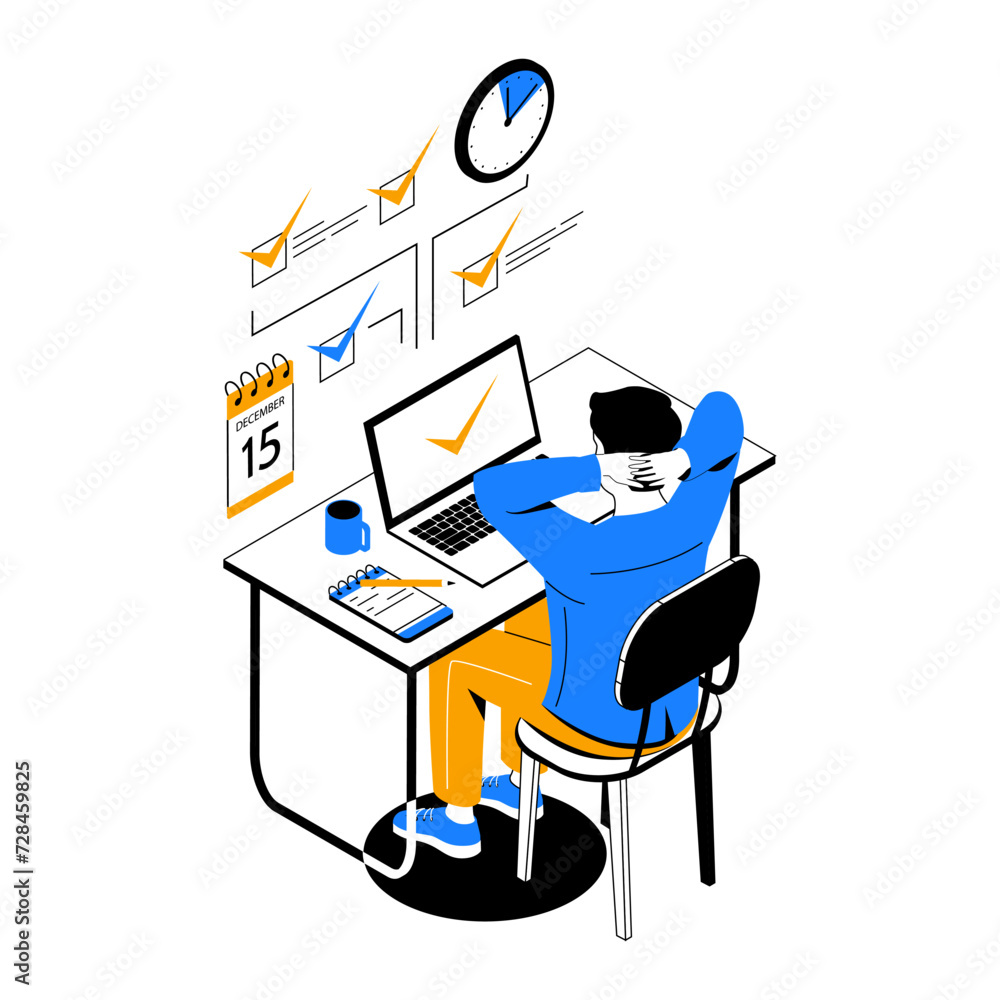 Poster Time management. People organize productive workflow and effective schedule. Man working at computer. Completed tasks. Deadline and priority goals. Business employee. Vector concept