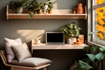 Interior of a cozy workplace with a laptop at home in Scandinavian style