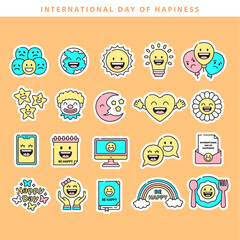 International day of happiness sticker icon collection vector in a cute cartoon style