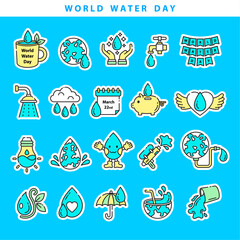 World water day sticker icon collection vector in a cute cartoon style