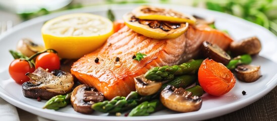 European-style dish with red salmon steak, mushrooms, asparagus, cherry tomatoes, and fried lemon...