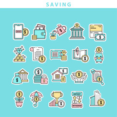 Saving sticker icon collection vector in a cute cartoon style